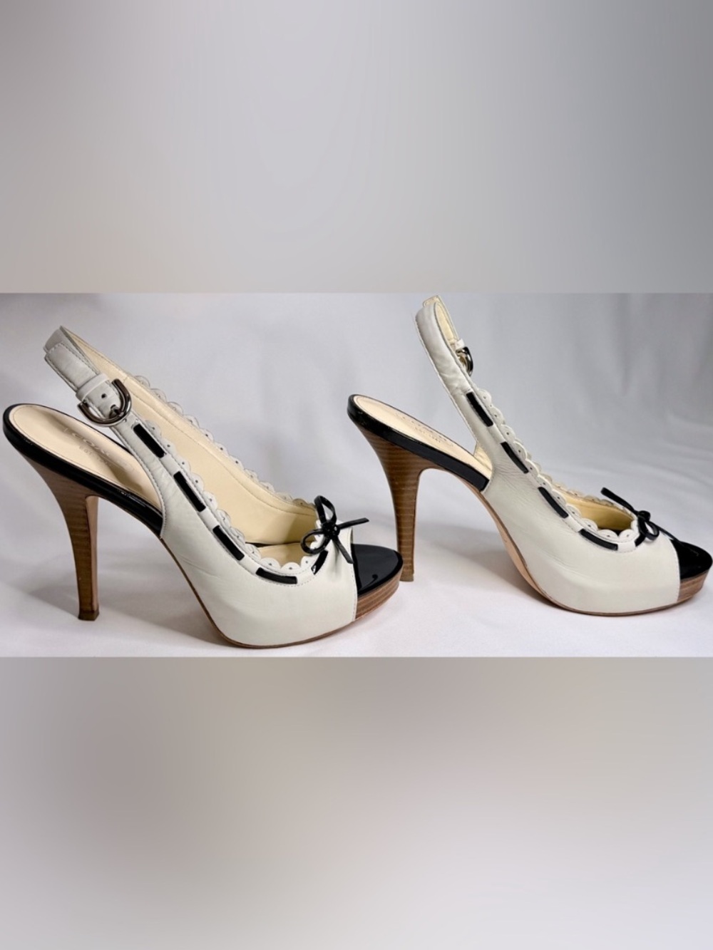 Coach Antonia Off White and Black Peep-Toe Slingback Heels